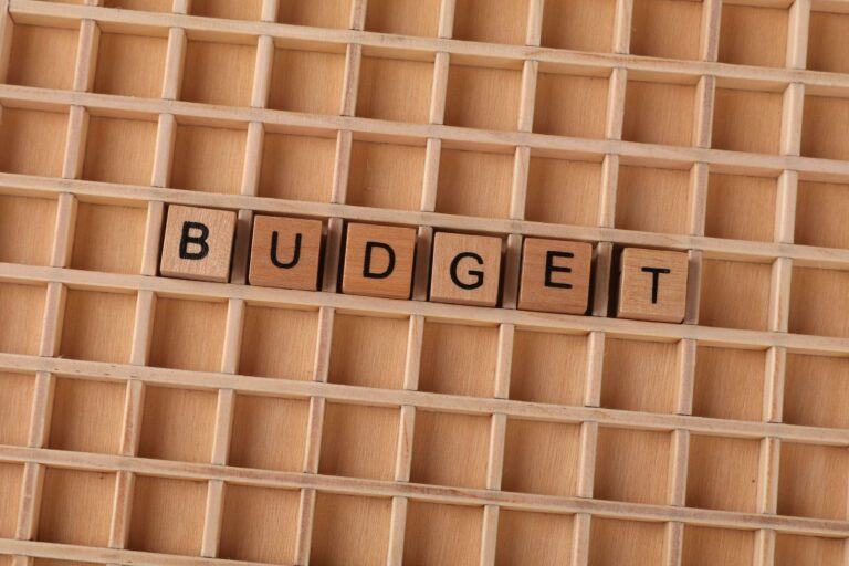 Wooden Scrabble tiles spelling 'budget' on a textured wooden grid, symbolizing financial planning.