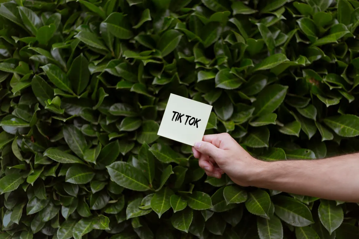 A hand holding a card with TikTok text against a lush green leafy background.
