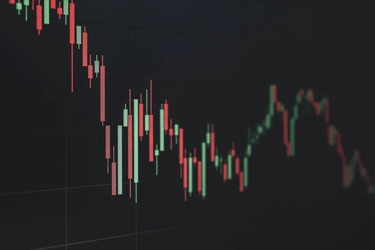 Stock market data chart showing trends in red and green. Perfect for financial and business themes.